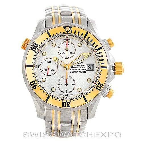 The image shows a front view of the Omega Seamaster 2398.20.00 Men's Steel and Gold (two tone) White Dial 2398.20.00 Men's Steel and Gold (two tone) White Dial watch, highlighting its dial, bezel, and partially its bracelet.