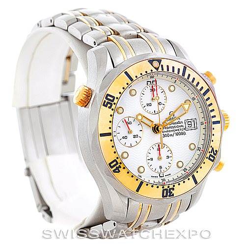 This image shows an angled view of an Omega Seamaster 2398.20.00 Men's Steel and Gold (two tone) White Dial 2398.20.00 Men's Steel and Gold (two tone) White Dial watch displaying the bracelet, dial, bezel, and chronograph features.