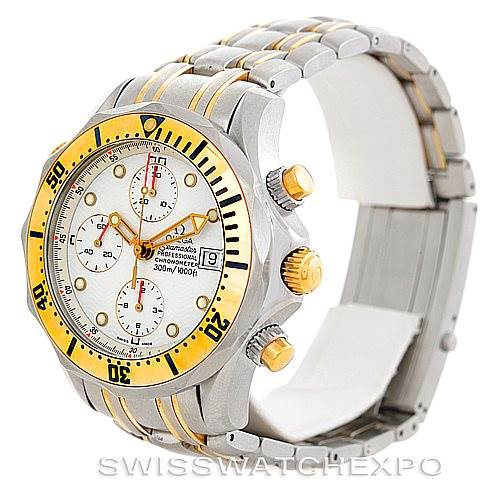 The image shows an Omega Seamaster 2398.20.00 Men's Steel and Gold (two tone) White Dial 2398.20.00 Men's Steel and Gold (two tone) White Dial watch angled from the front-right, highlighting its bezel, chronograph dials, crown, and bi-metal bracelet.