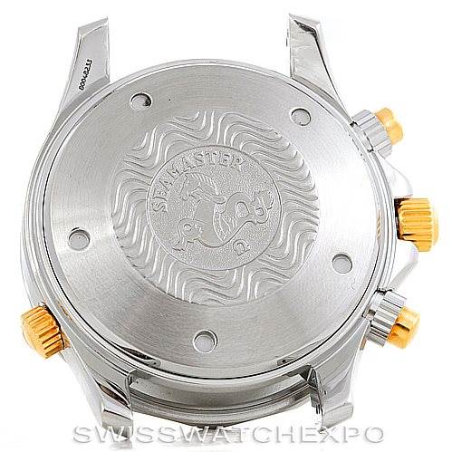 The image shows the back case of an Omega Seamaster 2398.20.00 Men's Steel and Gold (two tone) White Dial 2398.20.00 Men's Steel and Gold (two tone) White Dial watch, featuring its engraved logo and apparent crown and pusher details.