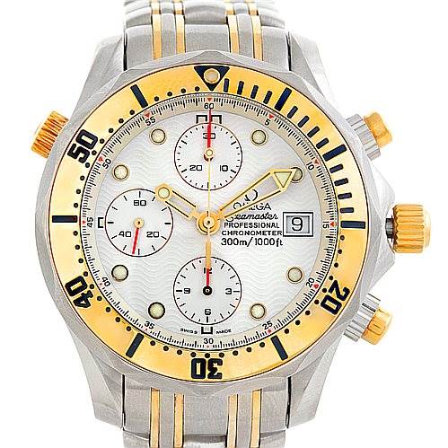 The image shows a front view of the Omega Seamaster 2398.20.00 Men's Steel and Gold (two tone) White Dial 2398.20.00 Men's Steel and Gold (two tone) White Dial watch, displaying its face, bezel, chronograph dials, and part of the metal bracelet.