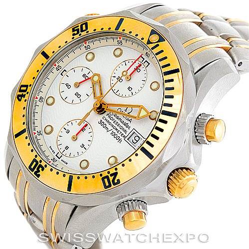 The image shows an angled view of an Omega Seamaster 2398.20.00 Men's Steel and Gold (two tone) White Dial 2398.20.00 Men's Steel and Gold (two tone) White Dial watch with a gold and silver tone bracelet and bezel.