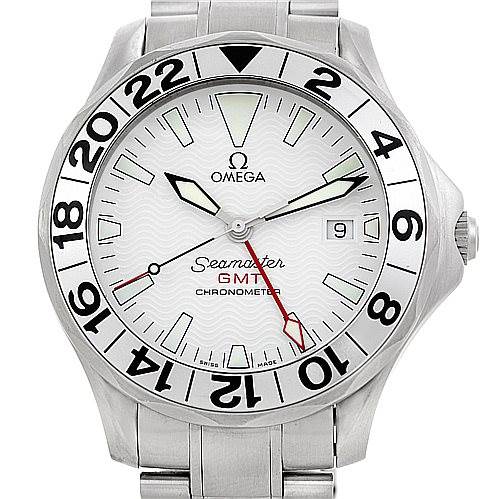 The image shows a head-on view of an Omega Seamaster 2538.20.00 Men
s Stainless Steel White Dial 2538.20.00 Men
s Stainless Steel White Dial GMT with a silver bezel, white dial, and stainless steel bracelet.