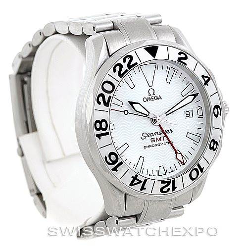 The Omega Seamaster 2538.20.00 Men
s Stainless Steel White Dial 2538.20.00 Men
s Stainless Steel White Dial GMT watch is shown at a three-quarter angle, displaying the face, bezel, and part of the bracelet.