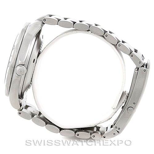 The image shows a side view of an Omega Seamaster 2538.20.00 Men
s Stainless Steel White Dial 2538.20.00 Men
s Stainless Steel White Dial watch, highlighting the bracelet and the crown with Omega logo.