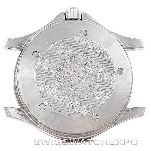 This image shows the back side of the Omega Seamaster 2538.20.00 Men
s Stainless Steel White Dial 2538.20.00 Men
s Stainless Steel White Dial watch case, displaying its engraved case back and crown.