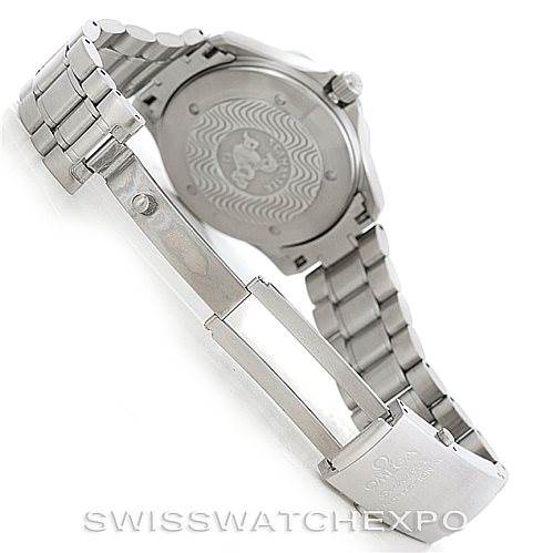 The image shows the clasp and case back of an Omega Seamaster 2538.20.00 Men
s Stainless Steel White Dial 2538.20.00 Men
s Stainless Steel White Dial watch, with the bracelet partially open.