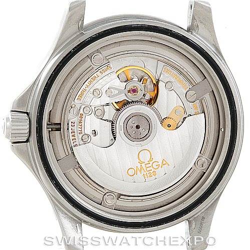 This image shows the back view of an Omega Seamaster 2538.20.00 Men
s Stainless Steel White Dial 2538.20.00 Men
s Stainless Steel White Dial watch, revealing its internal mechanical movement.