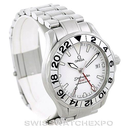 The Omega Seamaster 2538.20.00 Men
s Stainless Steel White Dial 2538.20.00 Men
s Stainless Steel White Dial watch is shown at a three-quarter angle, displaying its face, bezel, crown, and bracelet.
