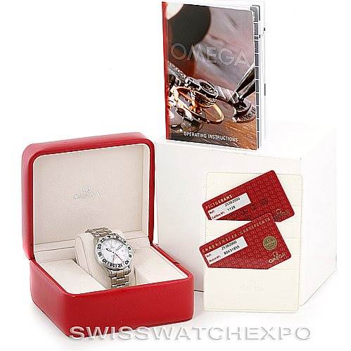The image shows an Omega Seamaster 2538.20.00 Men
s Stainless Steel White Dial 2538.20.00 Men
s Stainless Steel White Dial watch in its red case, with two ID cards and an instruction manual placed next to it.