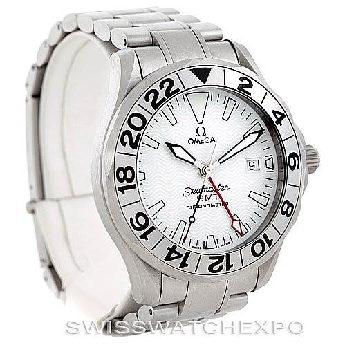 The image shows an Omega Seamaster 2538.20.00 Men
s Stainless Steel White Dial 2538.20.00 Men
s Stainless Steel White Dial GMT Chronometer watch at an angled view, highlighting the face, bezel, and bracelet.