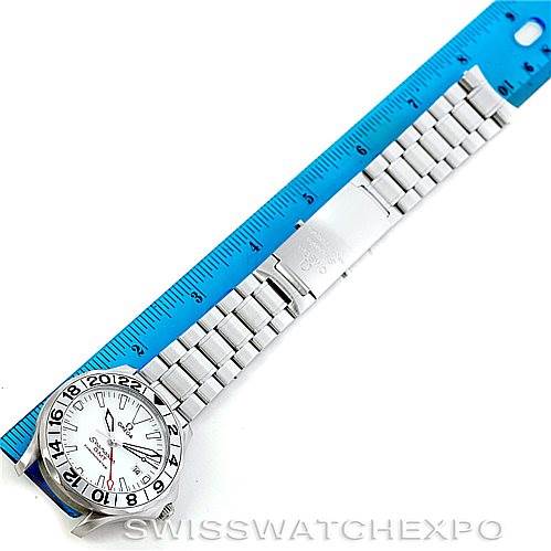 The image shows an Omega Seamaster 2538.20.00 Men
s Stainless Steel White Dial 2538.20.00 Men
s Stainless Steel White Dial watch laid flat next to a blue ruler, displaying the full bracelet and case.