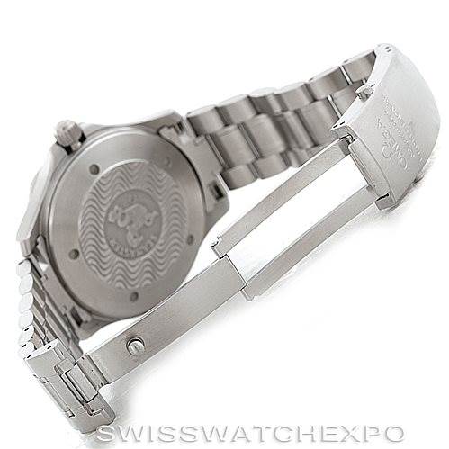 The image shows the underside of an Omega Seamaster 2538.20.00 Men
s Stainless Steel White Dial 2538.20.00 Men
s Stainless Steel White Dial watch, highlighting the closed clasp and engraved case back.