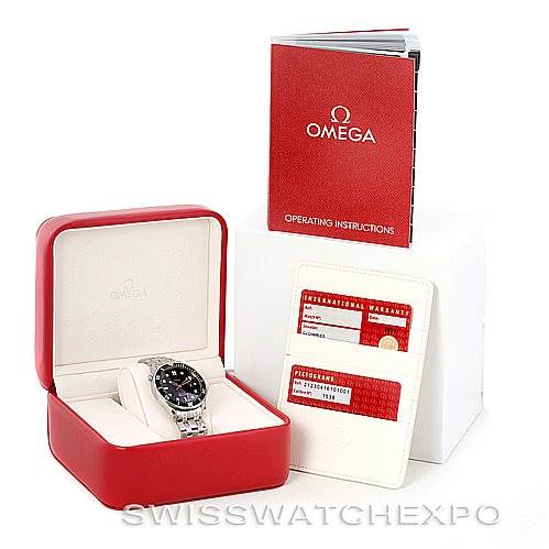 The image shows an Omega Seamaster 212.30.41.61.01.001 Men
s Stainless Steel Black Dial 212.30.41.61.01.001 Men
s Stainless Steel Black Dial watch in its open red case, alongside an Omega instruction booklet and warranty cards.