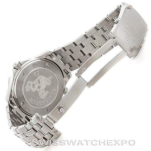 The image displays the clasp and back case of an Omega Seamaster 212.30.41.61.01.001 Men
s Stainless Steel Black Dial 212.30.41.61.01.001 Men
s Stainless Steel Black Dial watch from an angled rear view.