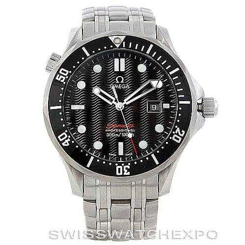 The image shows a front view of the Omega Seamaster 212.30.41.61.01.001 Men
s Stainless Steel Black Dial 212.30.41.61.01.001 Men
s Stainless Steel Black Dial watch, displaying its dial, bezel, hands, and bracelet.