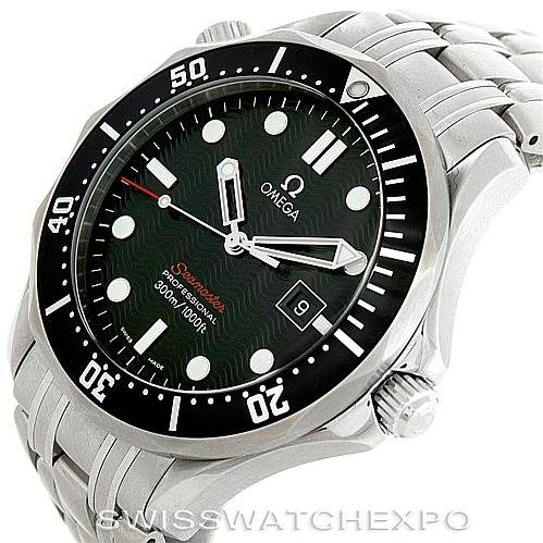 This image shows the Omega Seamaster 212.30.41.61.01.001 Men
s Stainless Steel Black Dial 212.30.41.61.01.001 Men
s Stainless Steel Black Dial watch at an angled view, displaying the face, bezel, crown, and part of the bracelet.