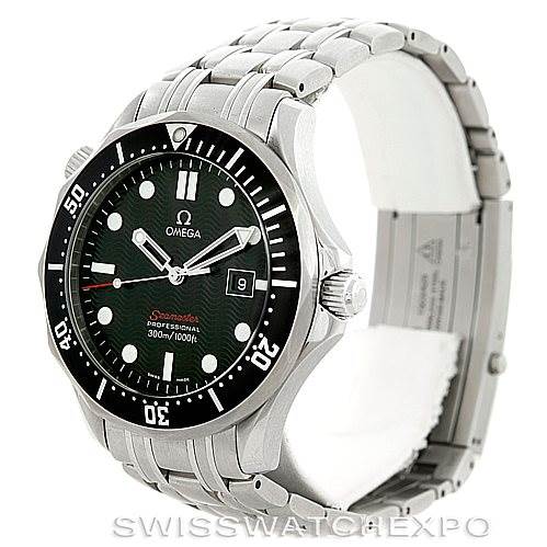 The image shows a front and side view of an Omega Seamaster 212.30.41.61.01.001 Men
s Stainless Steel Black Dial 212.30.41.61.01.001 Men
s Stainless Steel Black Dial watch, highlighting the face, bezel, crown, and metallic bracelet.