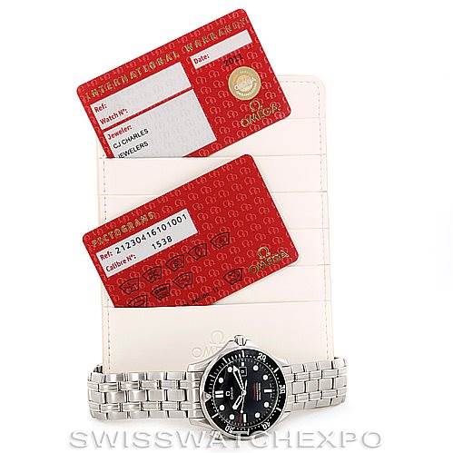 The image shows an Omega Seamaster 212.30.41.61.01.001 Men
s Stainless Steel Black Dial 212.30.41.61.01.001 Men
s Stainless Steel Black Dial watch and its identification cards viewed from above.