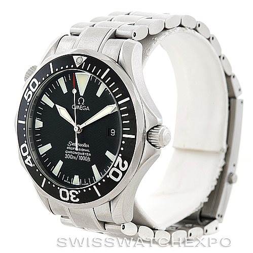 This image shows an angled side view of the Omega Seamaster 2254.50.00 Men
s Stainless Steel Black Dial 2254.50.00 Men
s Stainless Steel Black Dial watch, displaying the dial, bezel, crown, and part of the metal bracelet.