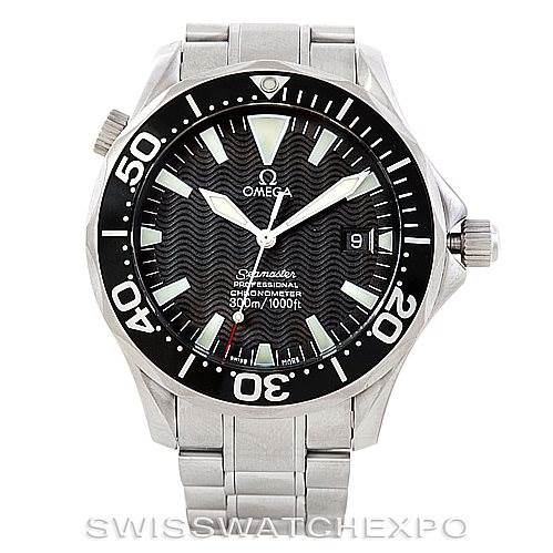 The image shows a front view of the Omega Seamaster 2254.50.00 Men
s Stainless Steel Black Dial 2254.50.00 Men
s Stainless Steel Black Dial watch with its dial, bezel, and stainless steel bracelet clearly visible.