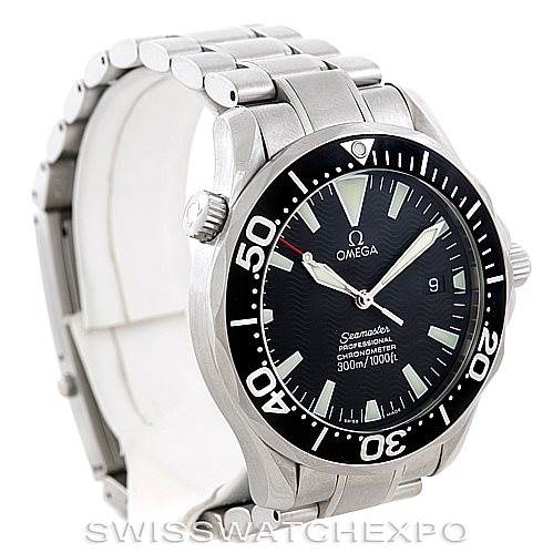 The image shows an Omega Seamaster 2254.50.00 Men
s Stainless Steel Black Dial 2254.50.00 Men
s Stainless Steel Black Dial watch at a three-quarter angle, highlighting the face, bezel, crown, and part of the bracelet.