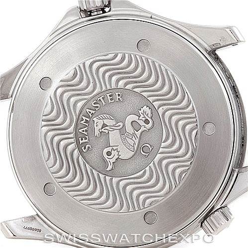 The image shows the screw-down case back of an Omega Seamaster 2254.50.00 Men
s Stainless Steel Black Dial 2254.50.00 Men
s Stainless Steel Black Dial watch with its signature embossed design and text.