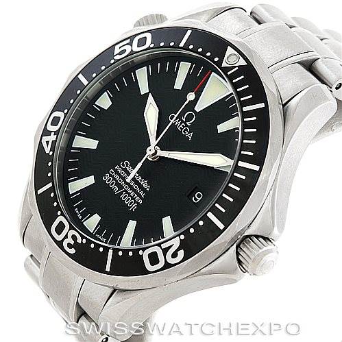 The image shows an angled view of an Omega Seamaster 2254.50.00 Men
s Stainless Steel Black Dial 2254.50.00 Men
s Stainless Steel Black Dial watch, highlighting the dial, bezel, crown, and part of the bracelet.