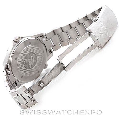 The image shows the back case and metal bracelet of an Omega Seamaster 2254.50.00 Men
s Stainless Steel Black Dial 2254.50.00 Men
s Stainless Steel Black Dial watch at a diagonal angle.