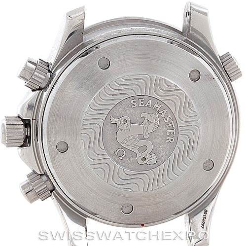 The image shows the case back of an Omega Seamaster 2598.80.00 Men
s Stainless Steel Blue Dial 2598.80.00 Men
s Stainless Steel Blue Dial watch, featuring its logo and crown.