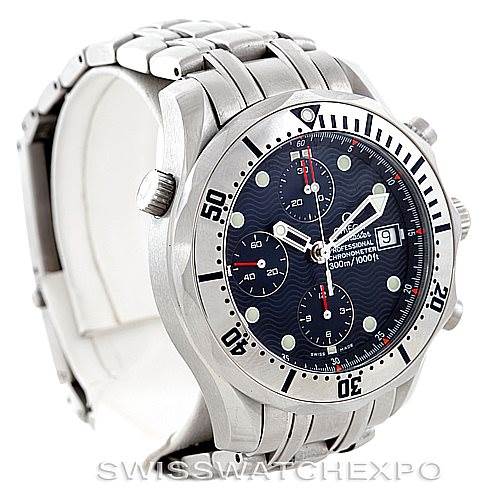 This image shows an Omega Seamaster 2598.80.00 Men
s Stainless Steel Blue Dial 2598.80.00 Men
s Stainless Steel Blue Dial watch from an oblique angle, highlighting the face, bezel, crown, and bracelet.