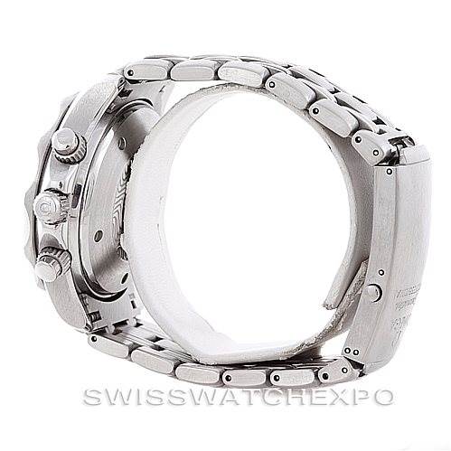 The Omega Seamaster 2598.80.00 Men
s Stainless Steel Blue Dial 2598.80.00 Men
s Stainless Steel Blue Dial watch is shown from a side view, highlighting its metal bracelet, clasp, and side buttons.