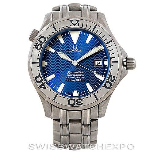The image shows a front view of the Omega Seamaster 2231.80.00 Men
s Titanium Blue Dial 2231.80.00 Men
s Titanium Blue Dial watch, displaying its dial, bezel, and part of the stainless steel bracelet.