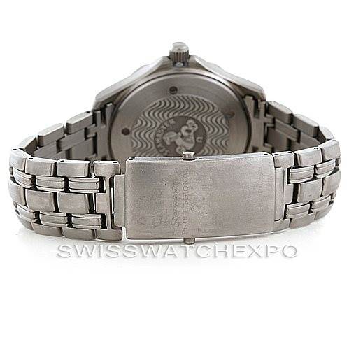 The image shows the backside and clasp of an Omega Seamaster 2231.80.00 Men
s Titanium Blue Dial 2231.80.00 Men
s Titanium Blue Dial watch, highlighting the case back and bracelet.