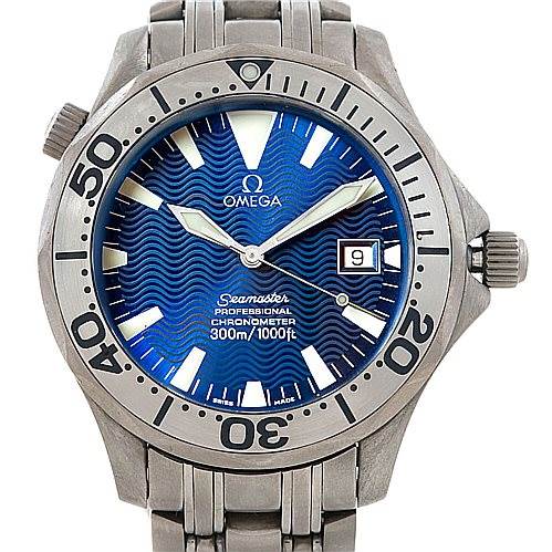 This image shows a front view of the Omega Seamaster 2231.80.00 Men
s Titanium Blue Dial 2231.80.00 Men
s Titanium Blue Dial watch, displaying its face, hands, date window, bezel, and part of its bracelet.