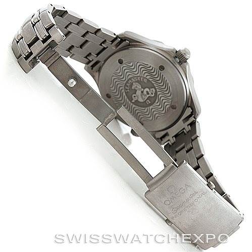 This image shows the back case and open clasp of an Omega Seamaster 2231.80.00 Men
s Titanium Blue Dial 2231.80.00 Men
s Titanium Blue Dial watch, highlighting the engraved case back and metal bracelet.