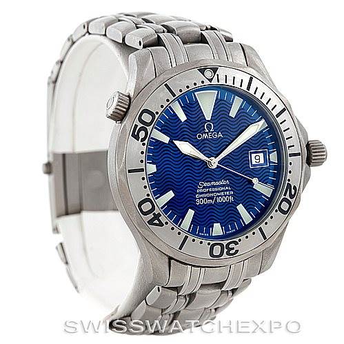 The image shows a front and partial side view of an Omega Seamaster 2231.80.00 Men
s Titanium Blue Dial 2231.80.00 Men
s Titanium Blue Dial watch, displaying its dial, bezel, crown, and bracelet.