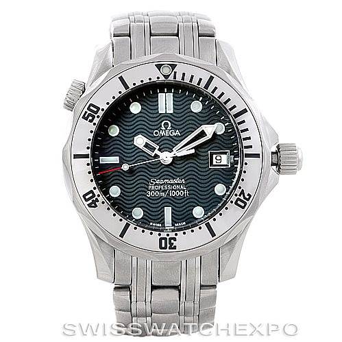 The image shows a front view of the Omega Seamaster 2562.80.00 Men
s Stainless Steel Blue Dial 2562.80.00 Men
s Stainless Steel Blue Dial watch, highlighting the dial, bezel, crown, and bracelet.