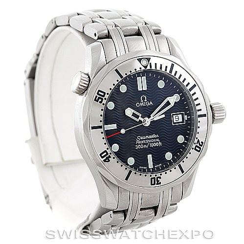 This is a front-angle view of the Omega Seamaster 2562.80.00 Men
s Stainless Steel Blue Dial 2562.80.00 Men
s Stainless Steel Blue Dial watch, showcasing the bezel, dial, crown, and part of the bracelet.