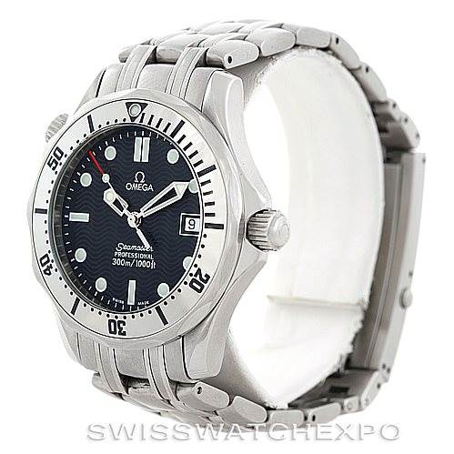 The Omega Seamaster 2562.80.00 Men
s Stainless Steel Blue Dial 2562.80.00 Men
s Stainless Steel Blue Dial watch is shown at a slight angle, displaying the bezel, dial, crown, and part of the bracelet.