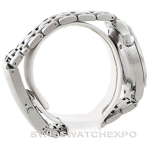 The image shows a side view of an Omega Seamaster 2562.80.00 Men
s Stainless Steel Blue Dial 2562.80.00 Men
s Stainless Steel Blue Dial watch, highlighting the bracelet and the crown.