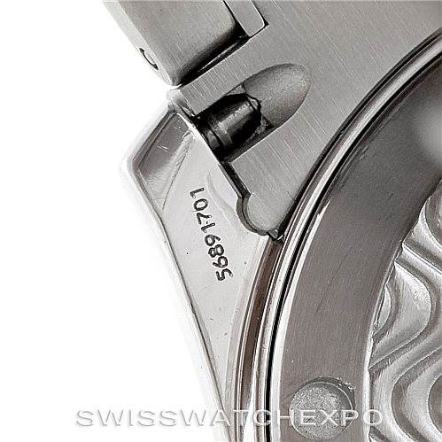 The image shows a close-up of the serial number and part of the case and bracelet clasp of the Omega Seamaster 2562.80.00 Men
s Stainless Steel Blue Dial 2562.80.00 Men
s Stainless Steel Blue Dial watch.