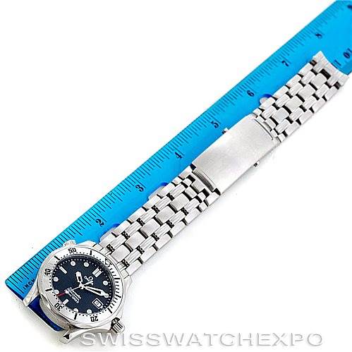 The image shows an Omega Seamaster 2562.80.00 Men
s Stainless Steel Blue Dial 2562.80.00 Men
s Stainless Steel Blue Dial watch at a top-down angle with a blue dial and stainless steel bracelet next to a ruler.