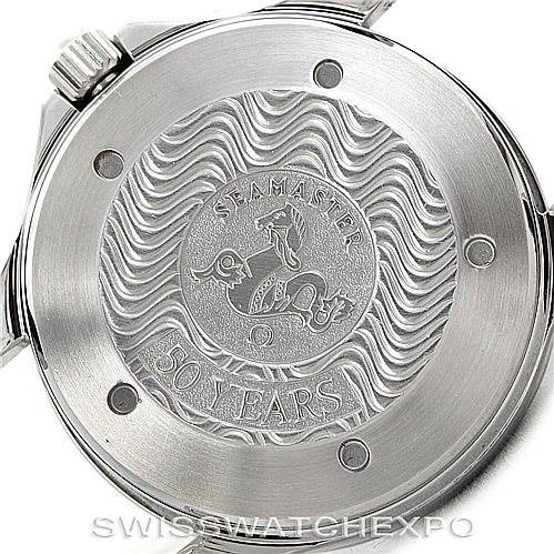 This image shows the case back of the Omega Seamaster 2234.50.00 Men
s Stainless Steel Black Dial 2234.50.00 Men
s Stainless Steel Black Dial watch, featuring an engraved 50 Years emblem.