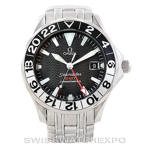 Front view of an Omega Seamaster 2234.50.00 Men
s Stainless Steel Black Dial 2234.50.00 Men
s Stainless Steel Black Dial watch showing the face, bezel, hands, date window, and part of the bracelet.