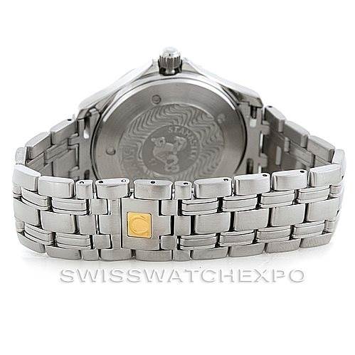 The image shows the back and bracelet of an Omega Seamaster 2234.50.00 Men
s Stainless Steel Black Dial 2234.50.00 Men
s Stainless Steel Black Dial watch, featuring a detailed case back and a stainless steel bracelet with a gold accent.