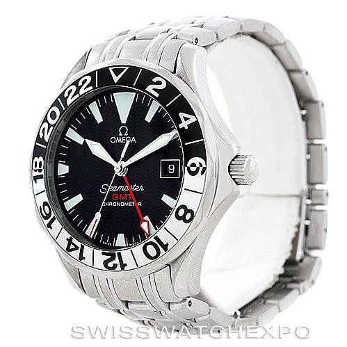 The image shows an Omega Seamaster 2234.50.00 Men
s Stainless Steel Black Dial 2234.50.00 Men
s Stainless Steel Black Dial watch from an angled front view, highlighting the face, bezel, crown, and part of the metal bracelet.