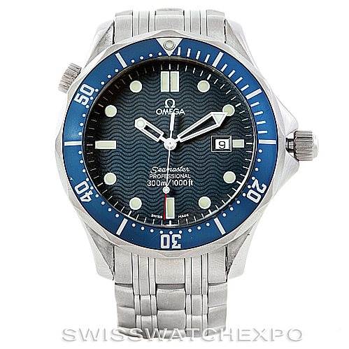 The image shows the front view of an Omega Seamaster 2541.80.00 Men
s Stainless Steel Blue Dial 2541.80.00 Men
s Stainless Steel Blue Dial watch, displaying its face, bezel, and stainless steel bracelet.