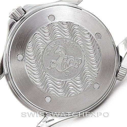 The image shows the back case of an Omega Seamaster 2541.80.00 Men
s Stainless Steel Blue Dial 2541.80.00 Men
s Stainless Steel Blue Dial watch, highlighting its engraved design and brand insignia.