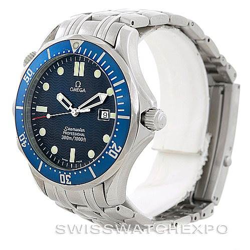 The image shows a side angle of the Omega Seamaster 2541.80.00 Men
s Stainless Steel Blue Dial 2541.80.00 Men
s Stainless Steel Blue Dial watch, highlighting the face, bezel, crown, and part of the metal bracelet.
